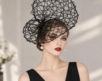 Metallic Black Saucer Fascinator, Wedding Races Derby Hat