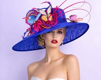 Royal Blue Sinamay Derby Hat: Hot Pink Butterfly, Wedding Races