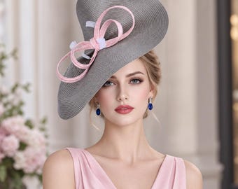 Taupe Grey Saucer Hatinator with Pink Ribbon, Handmade Derby Hat