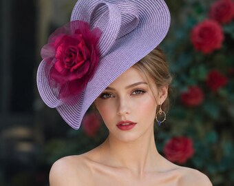 Wine/white Stripe Herringbone Saucer Hatinator, Kentucky Derby Hat with Silk Flower