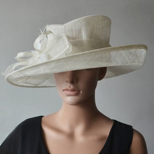Ivory sinamay hat large dress church hat fascinator with feather flower,for Kentucky derby,Ascot,wedding party races