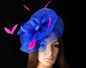 Cobalt blue fascinator royal hot pink fuschia sinamay fascinator w/sinamay loops, ideal for Kentucky derby wedding Ascot races Melbourne cup