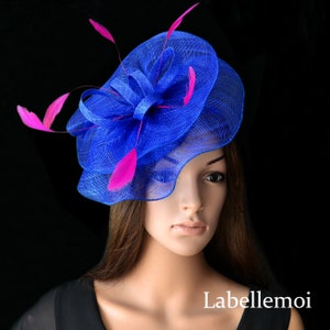 Cobalt blue fascinator royal hot pink fuschia sinamay fascinator w/sinamay loops, ideal for Kentucky derby wedding Ascot races Melbourne cup
