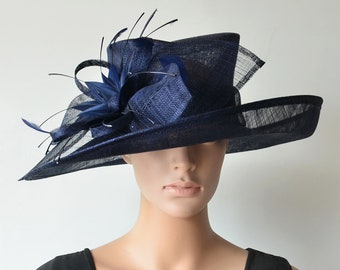 Navy blue Formal hat large dress church sinamay hat fascinator for Kentucky derby,wedding party races church