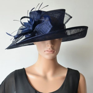 Navy Blue Formal Hat Large Dress Church Sinamay Hat Fascinator for