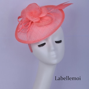 NEW Coral fascinator sinamay disc hatinator sinamay hat with feathers,ideal for Kentucky derby wedding party races church