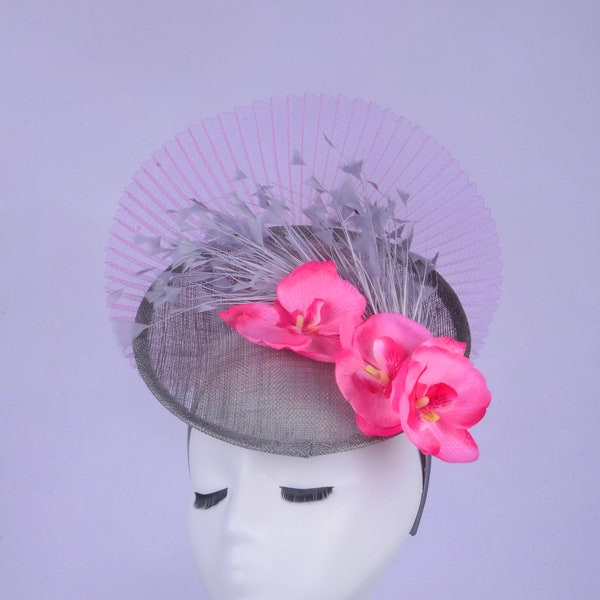 Grey/pink sinamay crin fascinator Kentucky Derby hat with feathers and flower,for wedding party races church