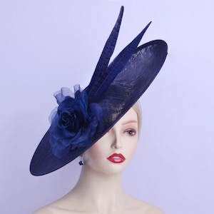 New Extra Large Navy blue fascinator hat sinamay saucer hatinator Derby Ascot Races Wedding Mother of the bride Church Party Easter Prom