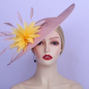 Large Blush pink fascinator hat  sinamay saucer hatinator yellow feather flower Kentucky Derby Ascot Wedding Mother of the bride Bridal hat