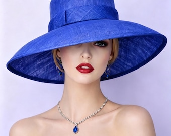 Royal Blue Sinamay Derby Hat, Dressy Ascot Races Church Hat