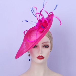 Hot pink sinamay fascinator Fuchsia saucer hatinator Royal blue Kentucky Derby hat Ascot Wedding Races Church Party Mother of the bride