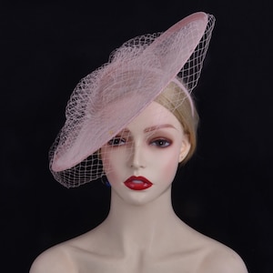 New Pale pink headband fascinator big sinamay saucer hatinator Veil hat Wedding Races Tea Party Church Derby Ascot Mother of the bride Gifts