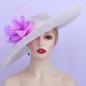 Large Ivory fascinator sinamay saucer hatinator Lilac pink feathers flower Kentucky Derby Ascot Wedding Mother of the bride Bridal hat