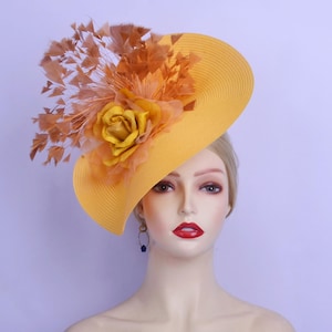 New Gold/yellow fascinator hat Silk flower Disc Saucer Hatinator Woven Church Kentucky Derby Ascot Wedding Tea Party Mother of the bride