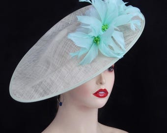 Mint Green Sinamay Fascinator Hat, Feather Flower Derby Ascot