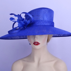 Royal blue X large sinamay hat Derby hat church hat wedding hat dress hat hatinator feather fascinator Tea Party Mother of the bride Easter