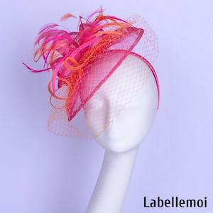 New Fuchsia/orange fascinator Hot pink sinamay hatinator hat Veil hat w/feathers Wedding Races Ascot Kentucky Derby Mother of the bride