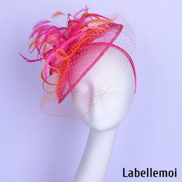 Nouveau fascinator fuchsia/orange chapeau sinamay hatinator rose fuchsia Chapeau en voile avec plumes mariage courses Ascot Kentucky Derby mère de la mariée