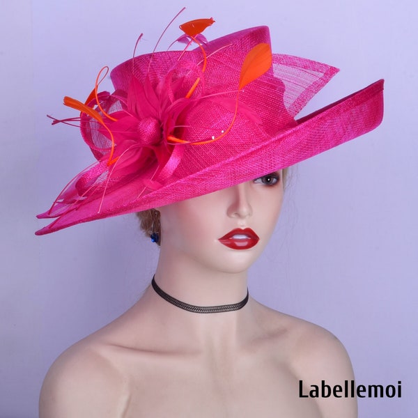 Nouveau chapeau sinamay fuchsia/orange Grande robe rose fuchsia chapeau d'église avec plumes pour les courses de mariage du Kentucky Derby, mère de la mariée