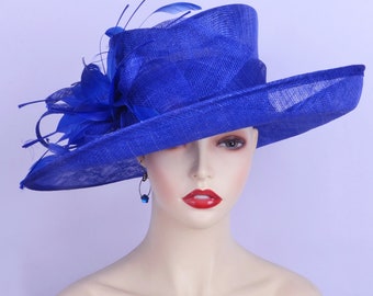 Navy Blue Sinamay Kentucky Derby Hat, Feather Fascinator  display picture 3