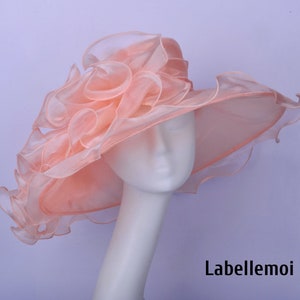 Peachy pink Kentucky Derby hat Wide brim organza hat Church Hat Royal Ascot,Wedding,Tea party,Mother of the bride,Easter,Gifts