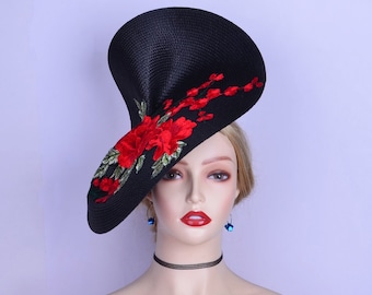 Chinoiserie black/red/green retro disc saucer hatinator Kentucky Derby Ascot Easter lace hat wedding fascinator w/flower embroidery