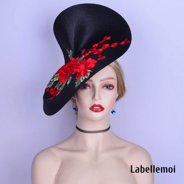 Chinoiserie black/red/green retro disc saucer hatinator Kentucky Derby Ascot Easter lace hat wedding fascinator w/flower embroidery
