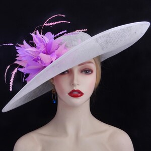 Large Ivory fascinator sinamay saucer hatinator Lilac pink feathers flower Kentucky Derby Ascot Wedding Mother of the bride Bridal hat
