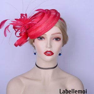 New Red fascinator Kentucky Derby hat top hat sinamay base hatinator w/feather flower for Wedding Party melbourne cup Ascot Races