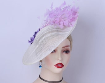 New Ivory/lilac fascinator hat headband big sinamay saucer hatinator Wedding Races Tea Party Church Derby Ascot with feather