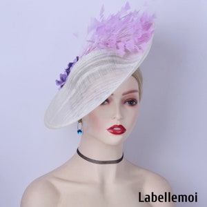 New Ivory/lilac fascinator hat headband big sinamay saucer hatinator Wedding Races Tea Party Church Derby Ascot with feather