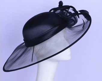 New Black Kentucky Derby hat Wide brim Ascot Races hat Church Royal Wedding hatinator w/feathers,Easter,Mother of the bride,Tea Party