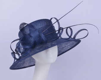Navy blue sinamay hat wide brim dress church hat hatinator with sinamay ribbons,two ostrich spines,for Kentucky derby,Royal wedding,races