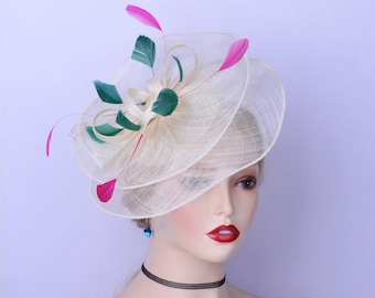 New ivory/green/fuchsia fascinator cream sinamay base hatinator Kentucky Derby Wedding Ascot Races Mother of the bride Groom