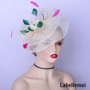 New ivory/green/fuchsia fascinator cream sinamay base hatinator Kentucky Derby Wedding Ascot Races Mother of the bride Groom