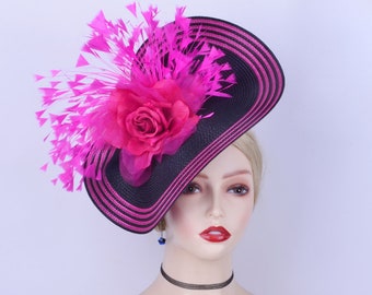 New Black/fuchsia fascinator hat Hot pink Disc Saucer Hatinator Stripe Church Kentucky Derby Ascot Wedding Tea Party Mother of the bride