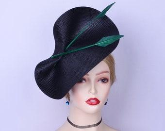 Black Saucer Fascinator Hat with Emerald Green Feathers