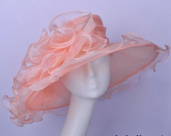 Peachy pink Kentucky Derby hat Wide brim organza hat Church Hat Royal Ascot,Wedding,Tea party,Mother of the bride,Easter,Gifts