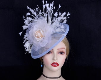 Powder Blue Sinamay Fascinator Hat, Wedding Feather Hatinator