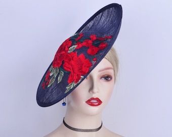 Chinoiserie Navy blue/red saucer sinamay hatinator Derby hat Ascot lace hat wedding fascinator w/big flower of peony&plum blossom embroidery