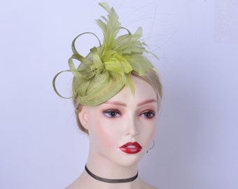 New Olive green fascinator Lime green sinamay base Girl's fascinator w/feathers,Kentucky Derby Wedding Party Races Groom Bride maids