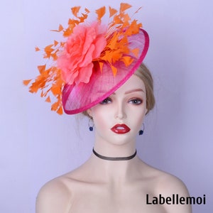 Orange Coral Sinamay Fascinator Hat with Feathers & Silk Flower