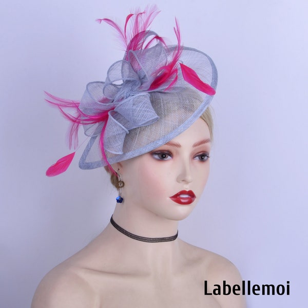 New Pale blue/fuchsia fascinator Baby blue Teardrop Sinamay base hatinator Wedding Derby hat Church Ascot Braid maid Mother of the bride