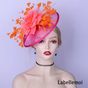 New Fuchsia/orange fascinator sinamay base hatinator  Coral Kentucky Derby hat Wedding Church Mother of the bride Bridal hats