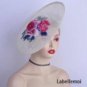 New Ivory/fuchsia/cobalt blue/grey fascinator retro sinamay disc hatinator Derby hat Ascot Easter Lace Wedding w/flower embroidery