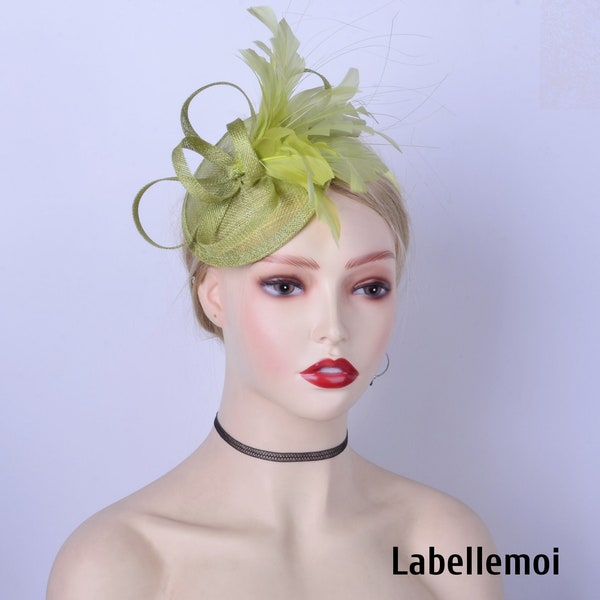 New Olive green fascinator Lime green sinamay base Girl's fascinator w/feathers,Kentucky Derby Wedding Party Races Groom Bride maids