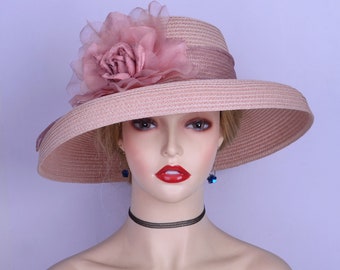 NEW retro design Pale pink Kentucky Derby hat Ascot Wedding Blush pink hatinator w/sinamay ribbons&silk flower, Mother of bride Mother's Day