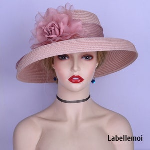 NEW retro design Pale pink Kentucky Derby hat Ascot Wedding Blush pink hatinator w/sinamay ribbons&silk flower, Mother of bride Mother&#39;s Day
