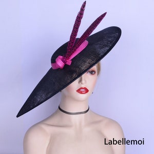 Exclusive Extra Large Black Kentucky Derby hat Fuchsia hot pink sinamay fascinator saucer hatinator Royal wedding Mother of the bride Church
