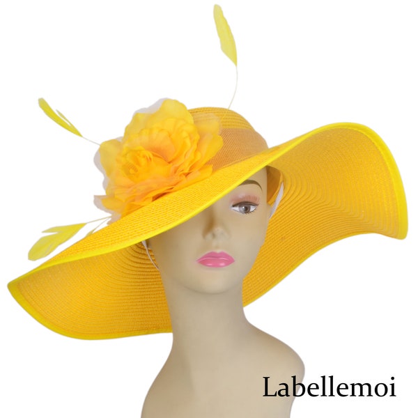 Exclusive design Yellow Ladies Large Church Ascot Derby Easter hat sinamay fascinator wedding hat straw beach hat w/feather&silk flower